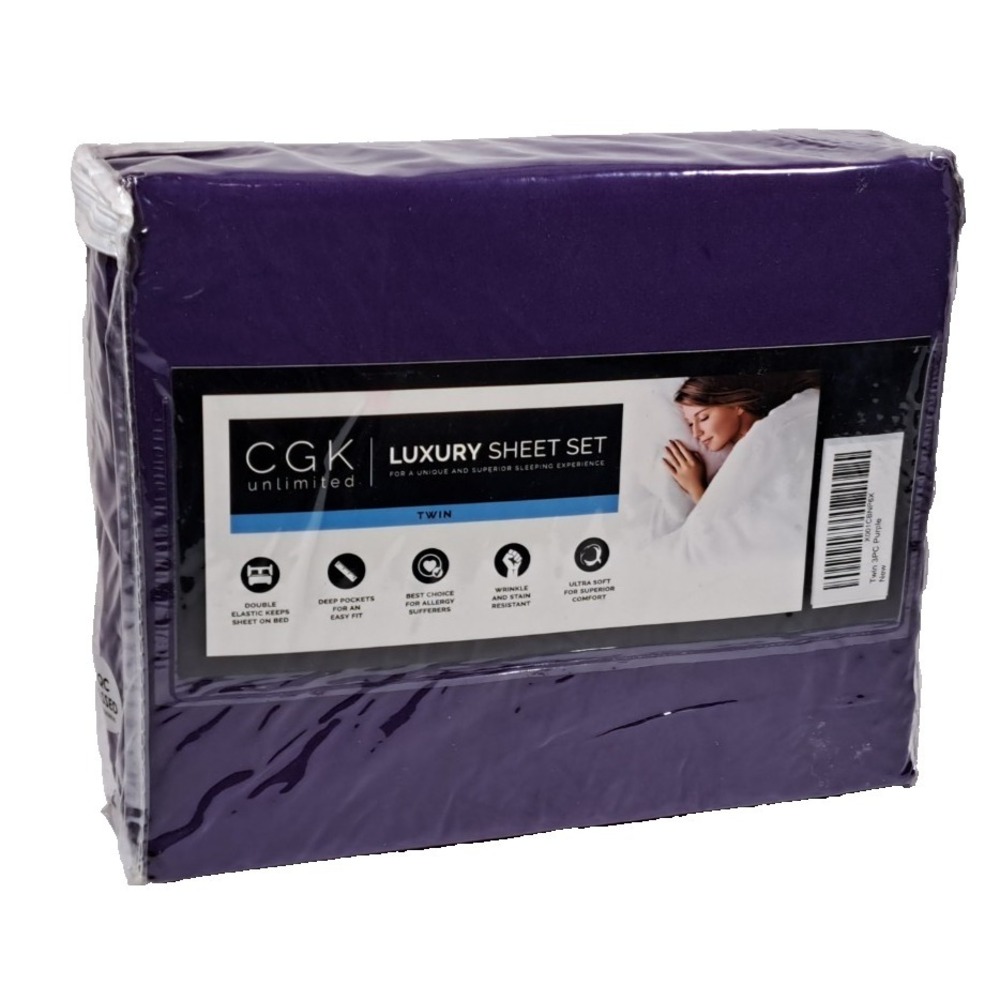 CGK Unlimited Luxury Sheet Set Twin 3PC Purple Deep Pocket Wrinkle Resistant NEW